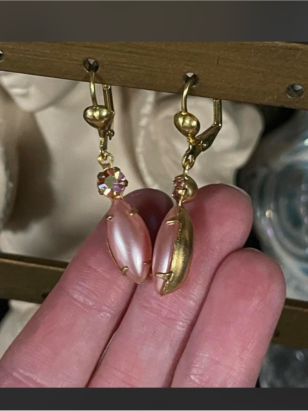Gold-Tone Pink Pearl Drop Earrings with Crystal Accent